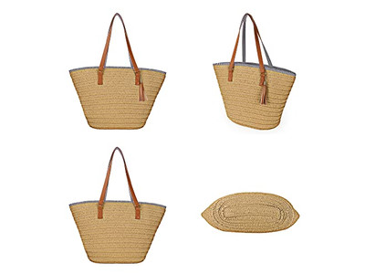 Women'S Straw Handbag Wheat Beach Bag Woman Woven Women Boho Bags Wood Handle