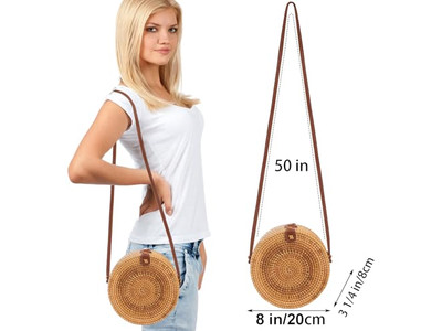 Woven Paper Straw Bag Black Round Bags Of Natural Bali Rattan Custom Logo