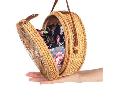 Woven Paper Straw Bag Black Round Bags Of Natural Bali Rattan Custom Logo