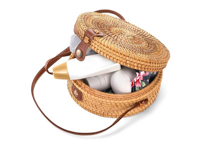 Woven Paper Straw Bag Black Round Bags Of Natural Bali Rattan Custom Logo